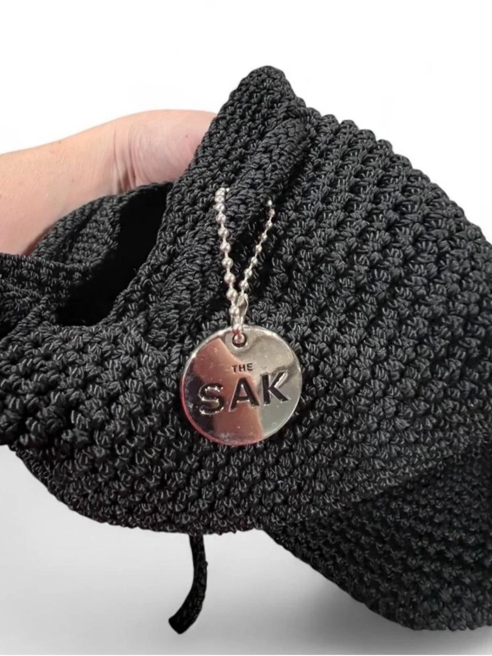 Vintage Y2K The Sak Black Crochet Drawstring Backpack